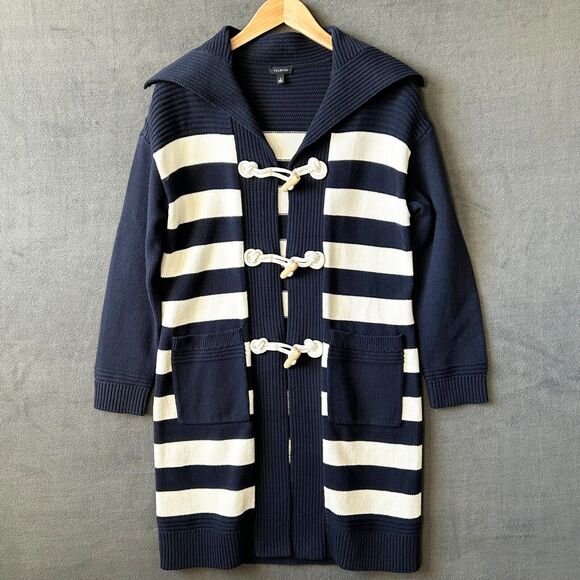 Talbots Nautical Cardigan Sweater Coat Navy White Stripes Toggle Front-Women's S - Picture 1 of 11